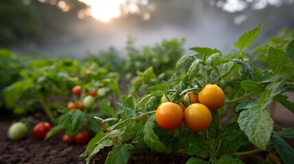 Ripe and unripe tomatoes on the vine in a misty garden at golden hour