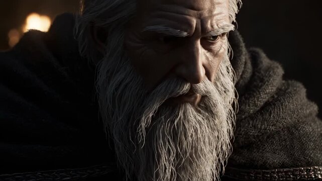 Close-up of a wise, old man with a long white beard and a stern expression