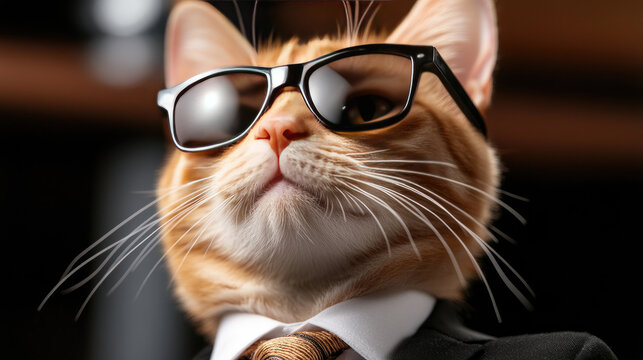 Ginger cat wearing sunglasses and a formal suit, embodying smart business, success, and leadership concepts in a humorous and intelligent way, looking up with a thoughtful expression - Powered by Adobe