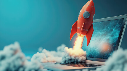 Laptop screen releasing a rocket with smoke and flames, symbolizing new project launch, fast development, digital business growth, and technology accelerating innovation