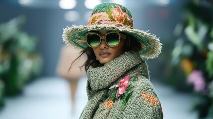Woman's unique fashion ensemble: adorned hat, sunglasses and textured outfit showcasing designer