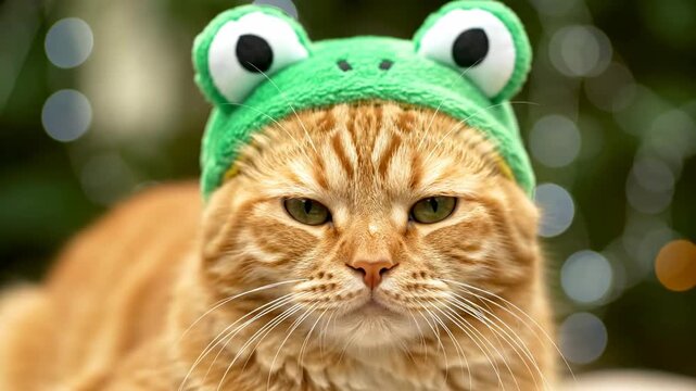 Close-up of an orange cat wearing a green frog hat with bokeh background