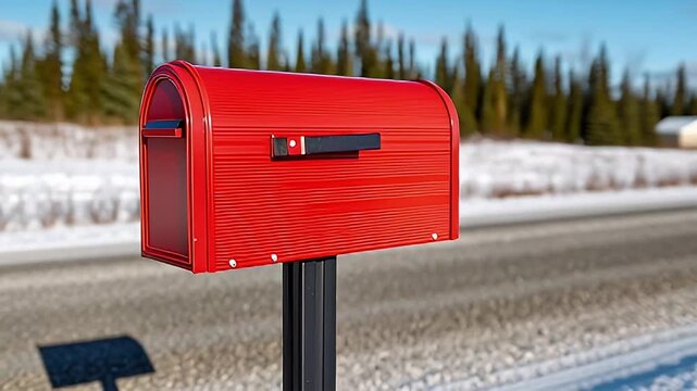 Red mailbox snow roadside rural winter landscape with pine forest and distant houses sunlight casting soft shadow and quiet mood red mailbox rural road winter landscape mail delivery countryside snow
