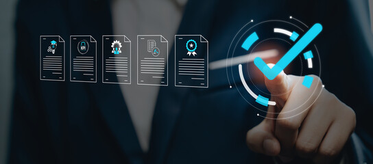 Quality assurance concept, hand pointing checkmark icon with document graphics, compliance verification workflow, process validation, performance standards, corporate reliability improvement.