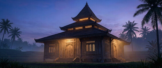 Obraz premium Traditional Javanese Mosque at Dawn in Rural Rice Paddy Field, Indonesian Cultural Heritage