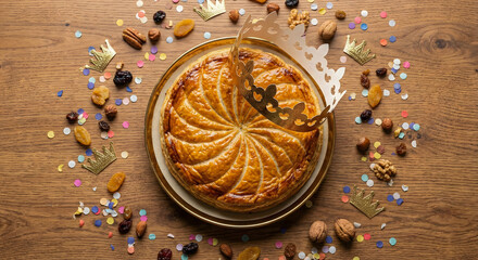 Traditional French Galette des Rois pastry with golden crown and colorful confetti.