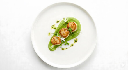 Gourmet seared scallops on vibrant green puree with herb oil and microgreens on white plate.