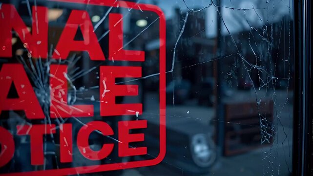 Final sale notice window sticker red cracked glass broken reflection final sale notice sign cracked glass storefront window reflecting urban shopping district emotional urgency final sale notice sign
