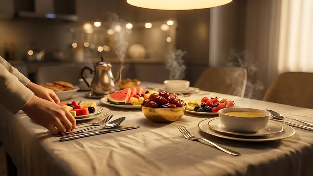 Festive Family Meal Setting with Steaming Food and Fresh Fruit