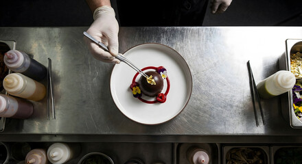 Chef using tweezers to garnish gourmet dessert on stainless steel counter, overhead view.