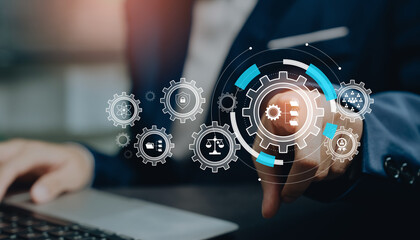 Process optimization concept, hand pointing digital gear system icons, workflow efficiency improvement, strategic planning, organizational development, productivity enhancement solutions.