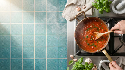 Homemade tomato sauce cooking in a pan with fresh basil and garlic on a stovetop.