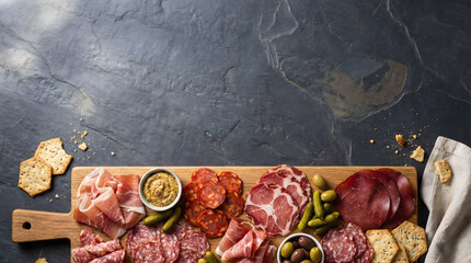Charcuterie board featuring sliced cured meats, mustard, and olives on dark slate background.