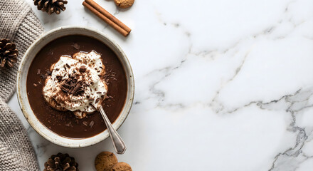 Cozy hot chocolate with whipped cream and chocolate shavings on a marble background.