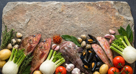 Raw fish, mussels, fennel, and vegetables laid out on a rustic stone background.