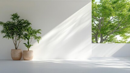 Zen interior showcasing potted plants and sunlit modern architectural space design