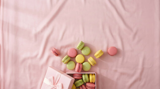 Colorful macarons in a pink gift box on soft fabric, perfect for sweet dessert themes. - Powered by Adobe