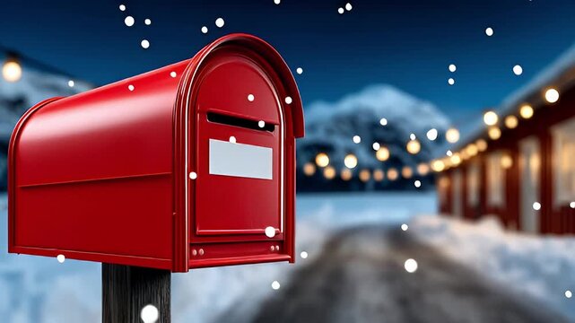 Red mailbox standing on wooden post in snowy night with warm bokeh lights, cozy village street and cottage string lights creating festive winter evening atmosphere