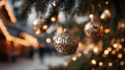 Golden Christmas baubles hang on a pine tree branch with warm glowing fairy lights creating soft bokeh and a magical holiday atmosphere effect.
