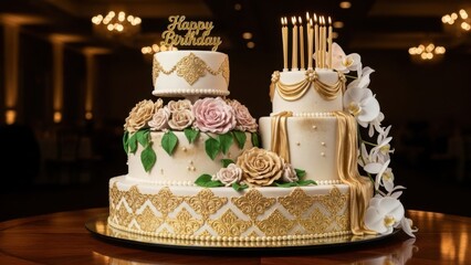 Luxurious Multi Tiered Birthday Cake Adorned with Gold and Flowers