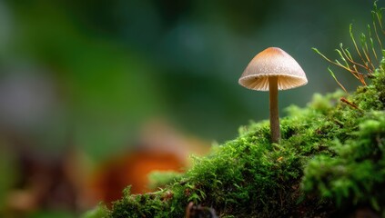 A small mushroom grows on lush green moss, with blurred nature background in soft light