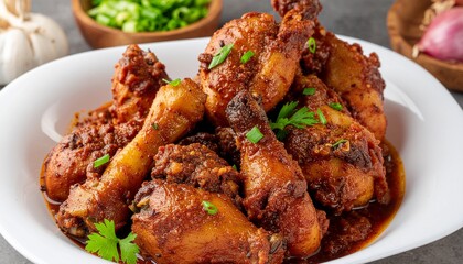 Fototapeta premium Spicy glazed chicken wings garnished with herbs, served in a bowl, perfect for party food, comfort meals, restaurant menus, and savory food photography.