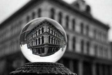A clear glass sphere shows the reflection of a historic building on a city street