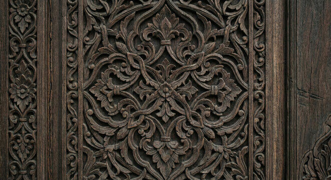 Close-Up of Traditional Javanese Wood Carving with Intricate Floral and Geometric Patterns&rdquo;