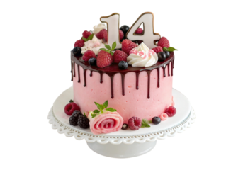 Pink Berry Birthday Cake with Number 14 Candles and Whipped Cream Decorations