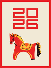 Chinese New Year 2026 Fire Horse Vector Poster. Traditional Oriental Zodiac Animal for Calendar, Postcard, or Greeting Card Design. Chinese New Year celebration concept. Vector template design