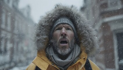 Bearded man in a yellow parka with fur hood standing in a snowy city street, breathing in the freezing air as snow falls around him in dramatic winter weather.