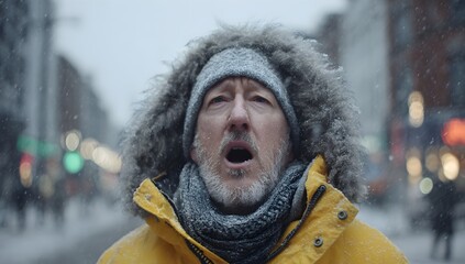 Bearded man in a yellow parka with fur hood standing in a snowy city street, breathing in the freezing air as snow falls around him in dramatic winter weather.