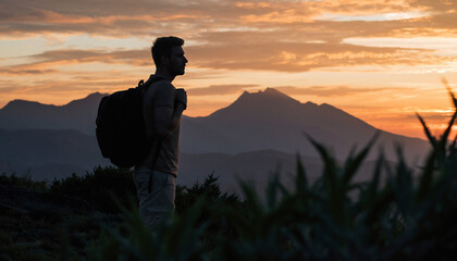Silhouette of a backpacker gazing at scenic mountains during a vibrant sunset. Represents adventure, aspiration, and contemplation. Ideal for travel, fitness, or personal growth themes.