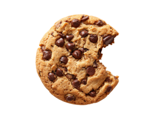 Delicious baked chocolate chip cookie with a bite taken out sweet, Isolated, Png Transparent Background