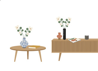 A wooden coffee table holding a vase and a book, complemented by wooden furnishings adorned with flower branches, a magazine, and home décor, all presented in a modern Scandinavian retro interior