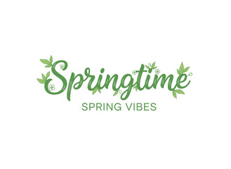 Fototapeta premium Spring vibes are captured in stunning lettering, rendered in an elegant calligraphic script and adorned with green leaves, set against a white background as a hand‑drawn vector illustration