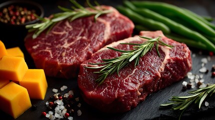 Fototapeta premium Culinary flat lay features raw beef steaks, green beans, butternut squash cubes, rosemary, and spices on a dark slate background with drama.