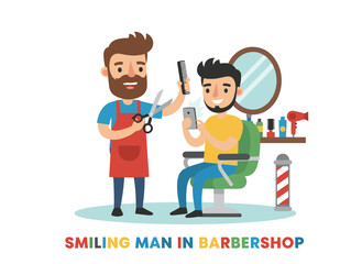 A charming bearded male barber trims a client's hair while he sits in a chair, holding a smartphone, set against a plain white backdrop. The smiling man stands in a barbershop, depicted in a vivid