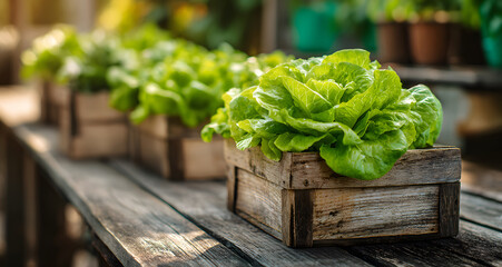 Beautiful green lettuce arranged in wooden boxes on table with soft blurred background creates simple home garden moment that shows why people grow vegetables for fresh meals