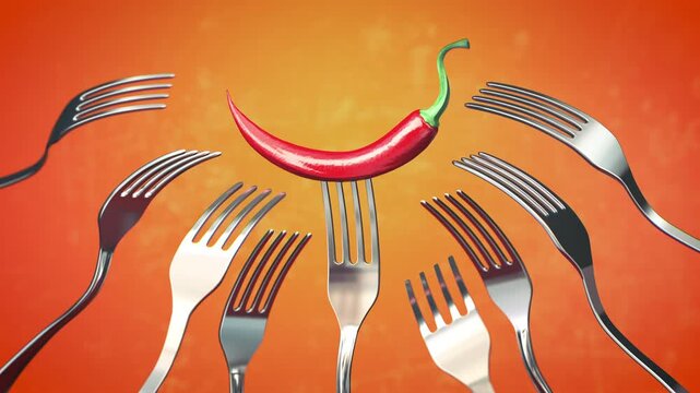 Red hot chili pepper stuck on the fork around of differents forks,