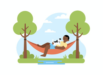 A black man and his dog unwind in a hammock surrounded by trees, while the owner and a puppy lie and rest outdoors during a summer vacation, enjoying leisurely relaxation in nature. The scene is