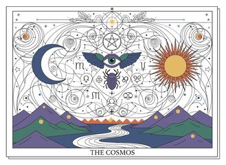 Obraz premium Tarot card illustration with esoteric line art on an occult background, featuring a crescent moon, sun, and sacred symbols, rendered in celestial geometric linework as a mystical spiritual cosmic