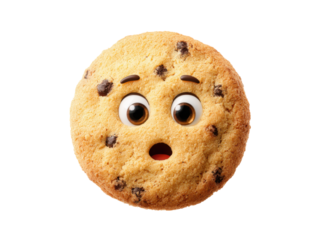 Surprised chocolate chip cookie character with wide eyes and open mouth shocked, Isolated, Png Transparent Background