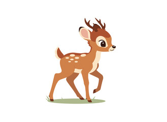 Fototapeta premium A spotted bambi deer, standing with a bent leg, is shown from the side as it walks through the forest, its cute, graceful reindeer form accented by antlers and sweet eyes, rendered as a flat vector