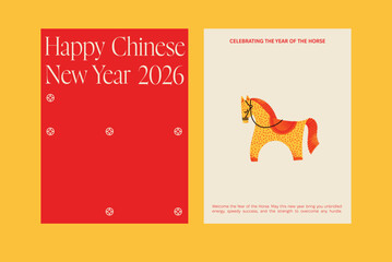 Two Chinese New Year 2026 greeting card templates with text layout and stylized horse illustration. Vector template design. Chinese New Year celebration concept. Design for poster, greeting card