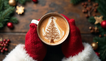 Santa hands holding a mug of coffee with Christmas tree latte art on wooden background with Christmas decorations