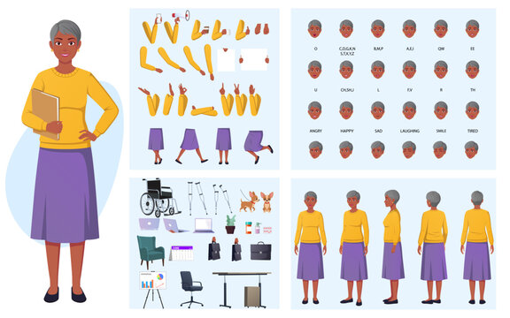Senior Black Lady, Old Teacher, Elderly Businesswoman Character Creation Set with Movable Joints, Lip-sync, Emotions, Hand Gestures and Accessories Vector Illustration