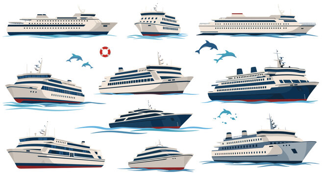 Illustration of multiple stylized cruise ships and ferries navigating blue waters, enhanced with playful dolphins and a lifebuoy.