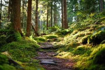 Fototapeta premium Serene moss-covered forest path bathed in soft sunlight surrounded by towering trees and lush greenery with a tranquil atmosphere perfect for nature walks