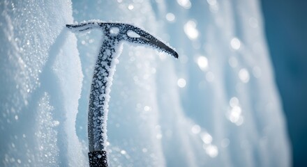 Detailed shot of a snow-covered ice axe embedded in glacial ice with sparkling light for a winter sports challenge concept and cold endurance